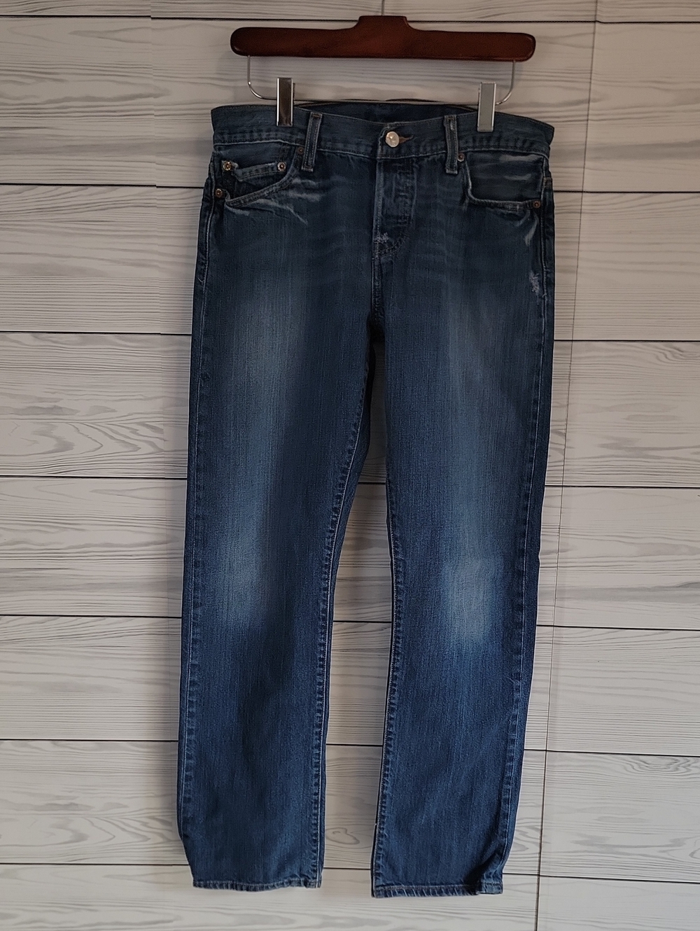 Levi's 501 Blue Denim Button Fly Straight Jeans Distressed Womens Size Waist 31"